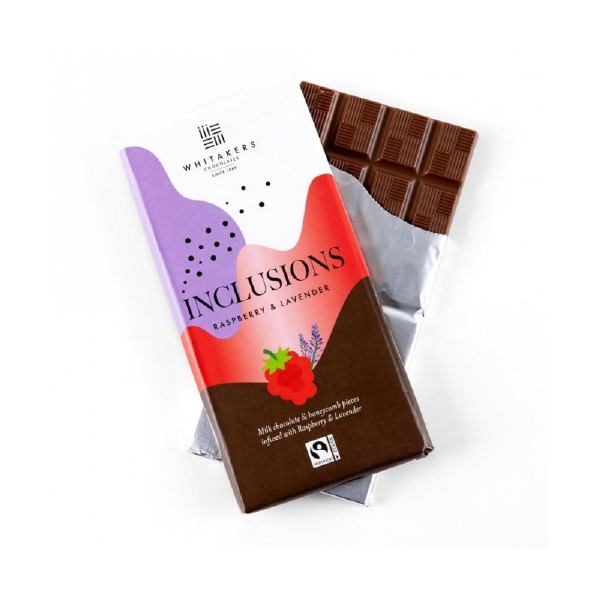 Barra Chocolate Leche Frambuesa, Lavanda INCLUSIONS WHITAKERS 90g