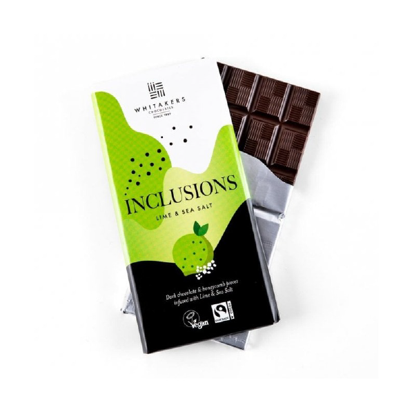 Barra de Chocolate Negro sabor Lima y Sal de mar INCLUSIONS Whitakers 90g