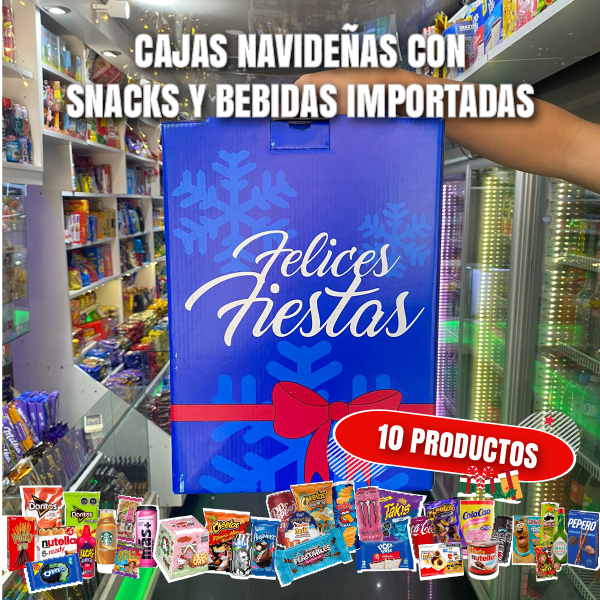 Caja Navideña Azul de Snacks Importados