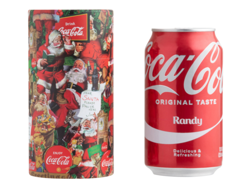 Tubo de lata de Coca-Cola con collage de Papá Noel