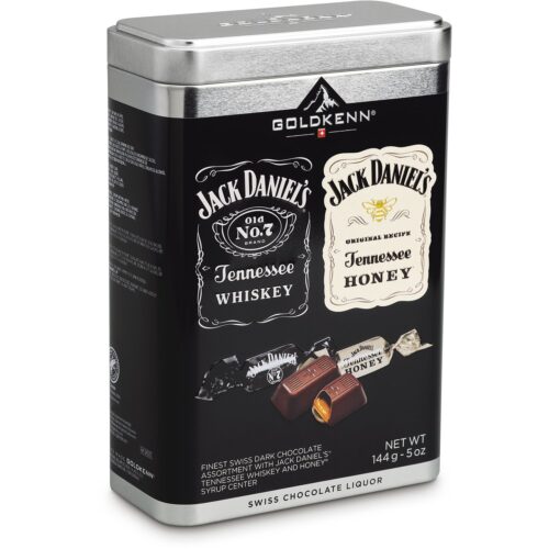 Surtido de delicias de chocolate negro Goldkenn con whisky Jack Daniels de Tennessee y miel de Tennessee en lata de regalo