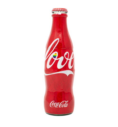 Botella de Coca-Cola con envoltorio completo y texto Love Script