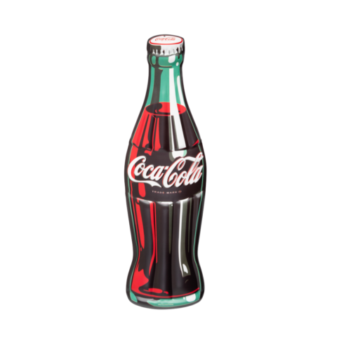 Letrero metálico con forma de botella de Coca-Cola
